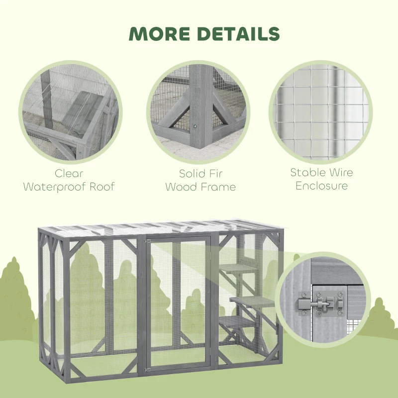 PawHut 71" Outdoor Wooden Cat House with Three Platforms, Large Door, Water-Resistant Roof, for Multiple Cats, Grey