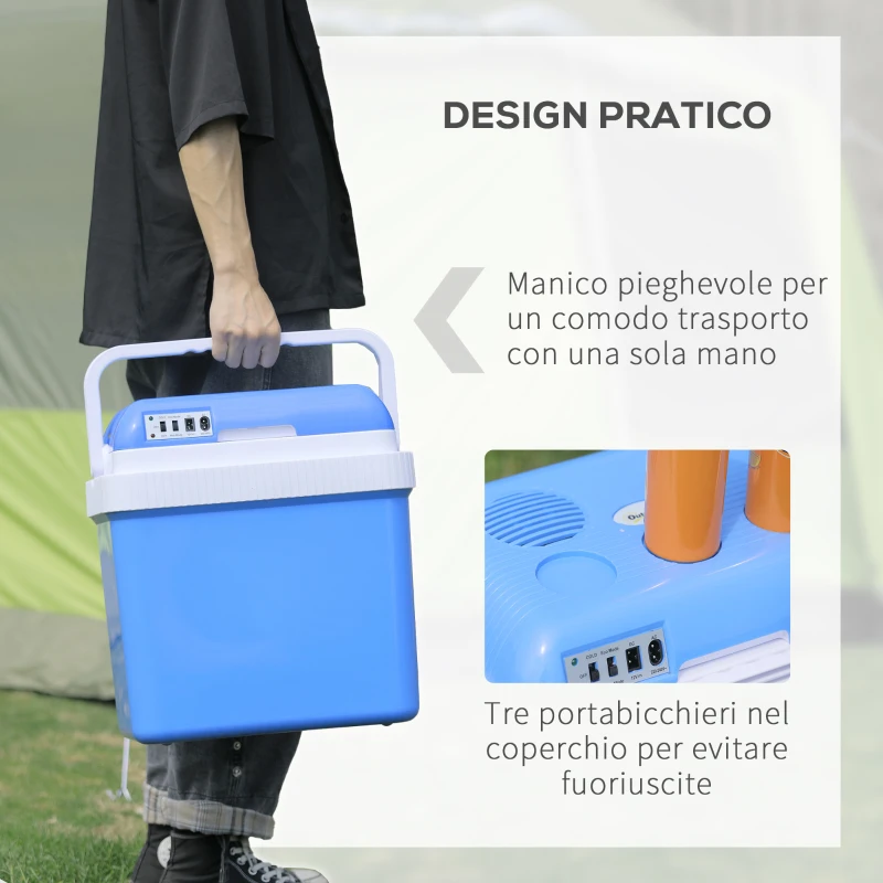 Outsunny Frigo per Auto 48W da 24L con Divisorio e Maniglia, 40x30x43cm, Bianco e Blu