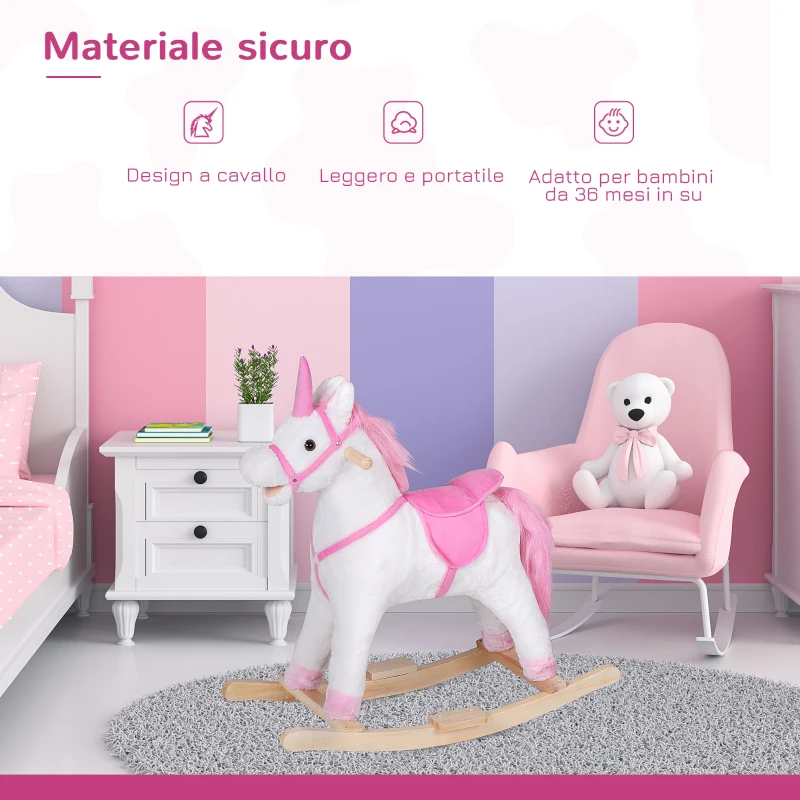 HOMCOM Cavallo a Dondolo in Legno Unicorno Giocattolo Cavalcabile Bambini Peluche 78 × 28 × 68cm Rosa