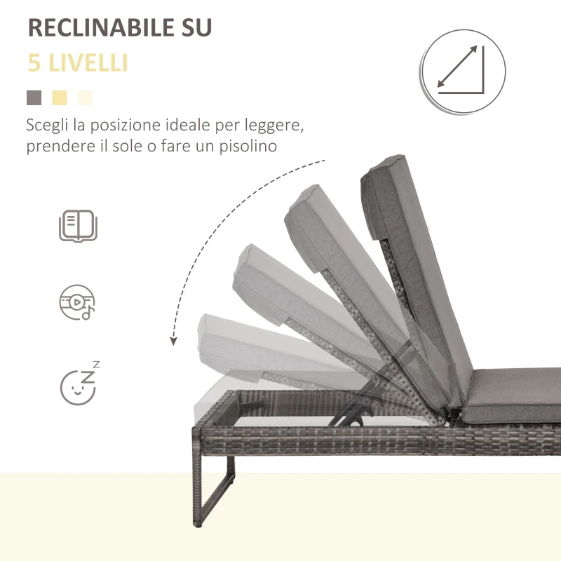 Outsunny 3pz Componibile 2 Lettini Prendisole (60 x 195 x 86cm) 1 Tavolino (121 x 40 x 50cm) Rattan con Materassini Grigio