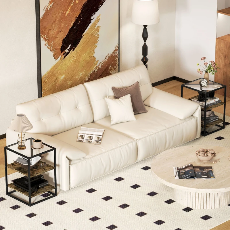 HOMCOM Set 2 Tavolini da Soggiorno a 3 Livelli in Legno e Metallo con Piano in Vetro Temperato, 37x40x55.5 cm, Marrone