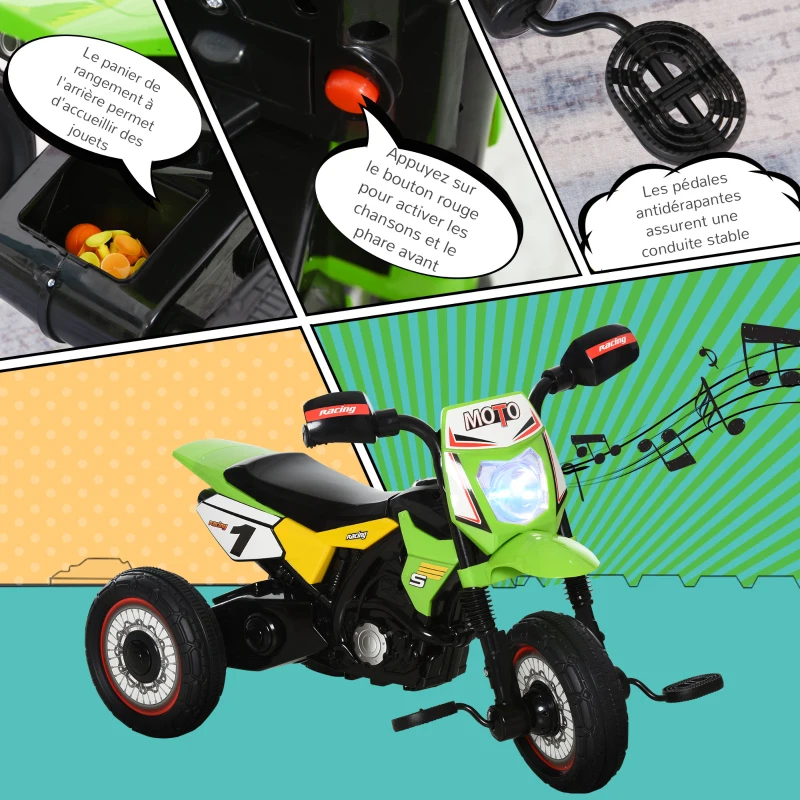 HOMCOM Tricycle Enfants Moto Cross Effets musicaux et Lumineux Coffre Rangement Vert(m-6)