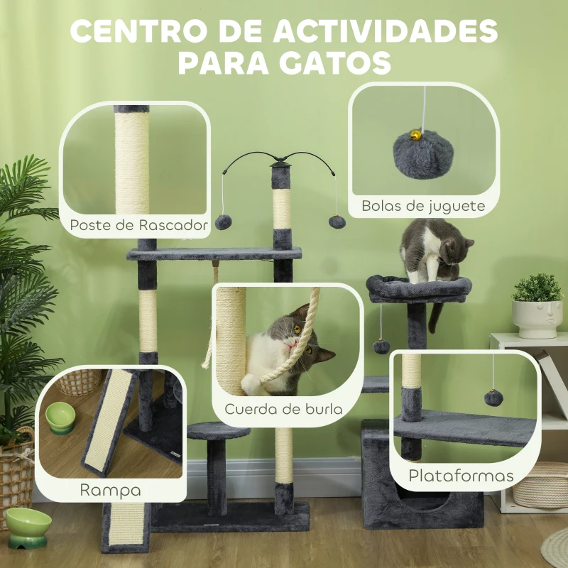 PawHut Rascador para Gatos 134 cm Torre para Gatos con Nidos Plataformas Bolas de Juguete y Postes de Sisal Gris Oscuro
