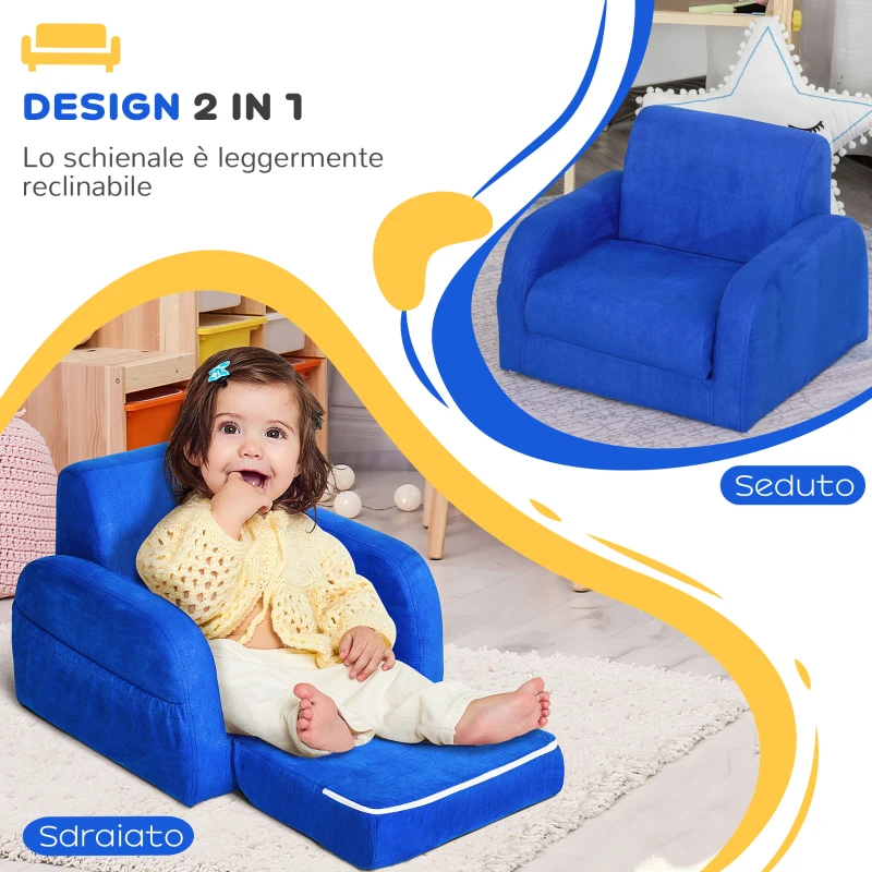 HOMCOM Poltroncina Letto 2 in 1 per Cameretta Bambini con Imbottitura e Rivestimento Flanella Blu, Max.65 kg, 47x45x38cm