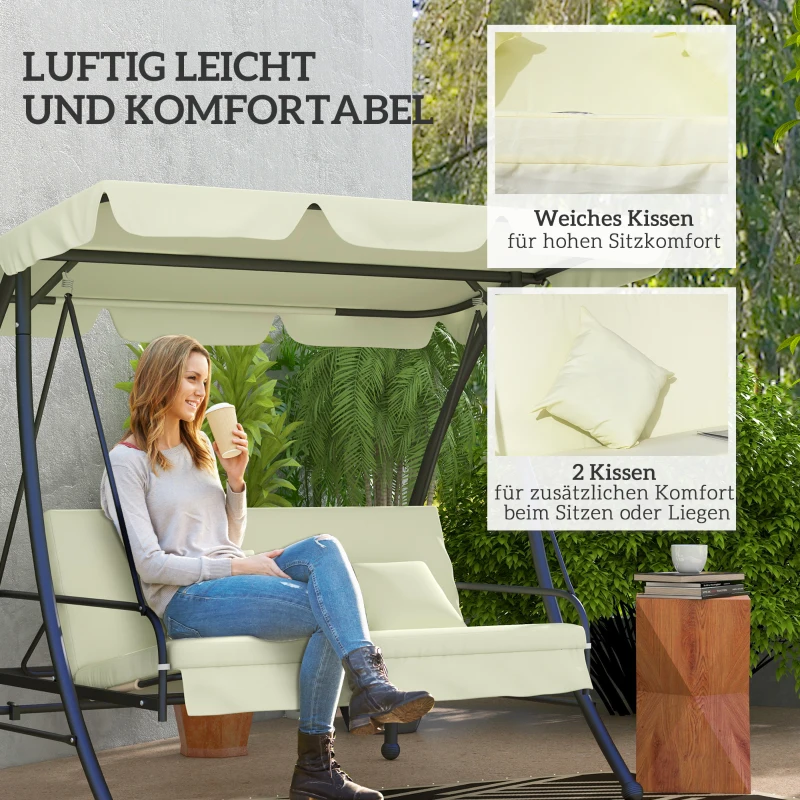 Outsunny Hollywoodschaukel, Schaukelbank mit Liege-Funktion, 3 Sitzer, Metall+Polyester, 200 x 125 x 170 cm, Weiß(m-7)