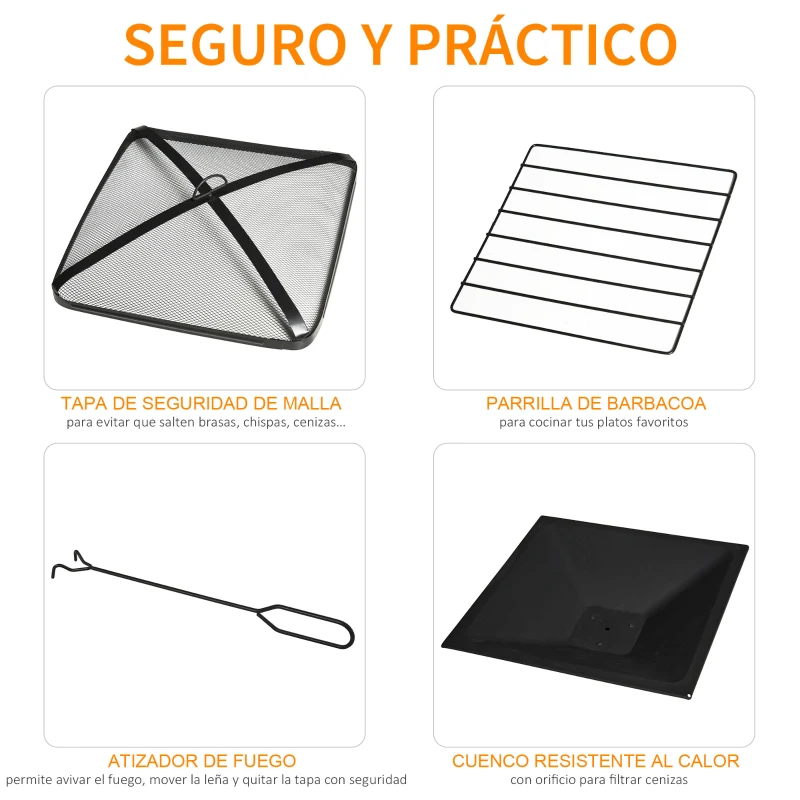Outsunny Brasero Exterior Calentador de Fuego 76x76x47 cm Multifuncional 3 en 1 Cuadrada Nuevo Estilo Cubo de Hielo para Calefacción Barbacoa Terraza Jardín Negro