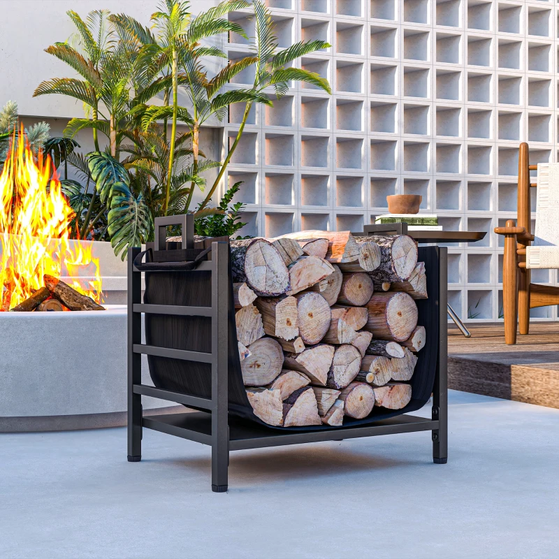 Outsunny Feuerholzgestell, kompakt, bis 50 kg Holz, abnehmbarer Tragebeutel, 49x34x44 cm, Schwarz