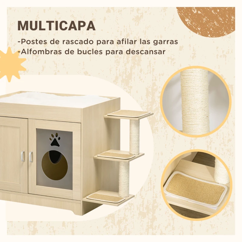 PawHut Mueble Arenero para Gatos con Cama Cojín Suave 3 Plataformas y Postes de Sisal 107x54x70 cm Roble