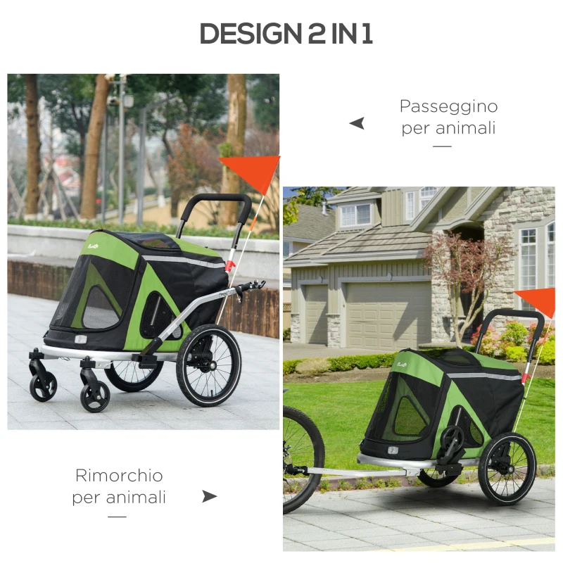 PawHut Rimorchio Bici e Passeggino per Cani 2 in 1 Pieghevole con Catarifrangenti e Bandierina, Verde