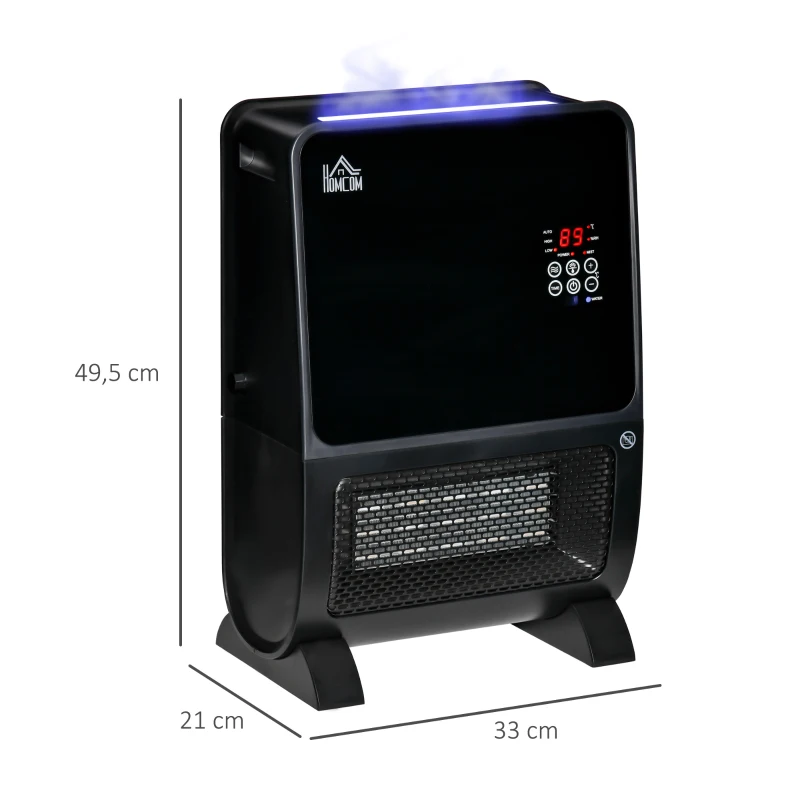 HOMCOM Calefactor Eléctrico Portátil 2000W 2 en 1 Radiador Cerámico con Humidificador Función de Desinfección Mando a Distancia Termostato Temporizador Luces LED para Sala de 30 m² 33x21x49,5 cm Negro