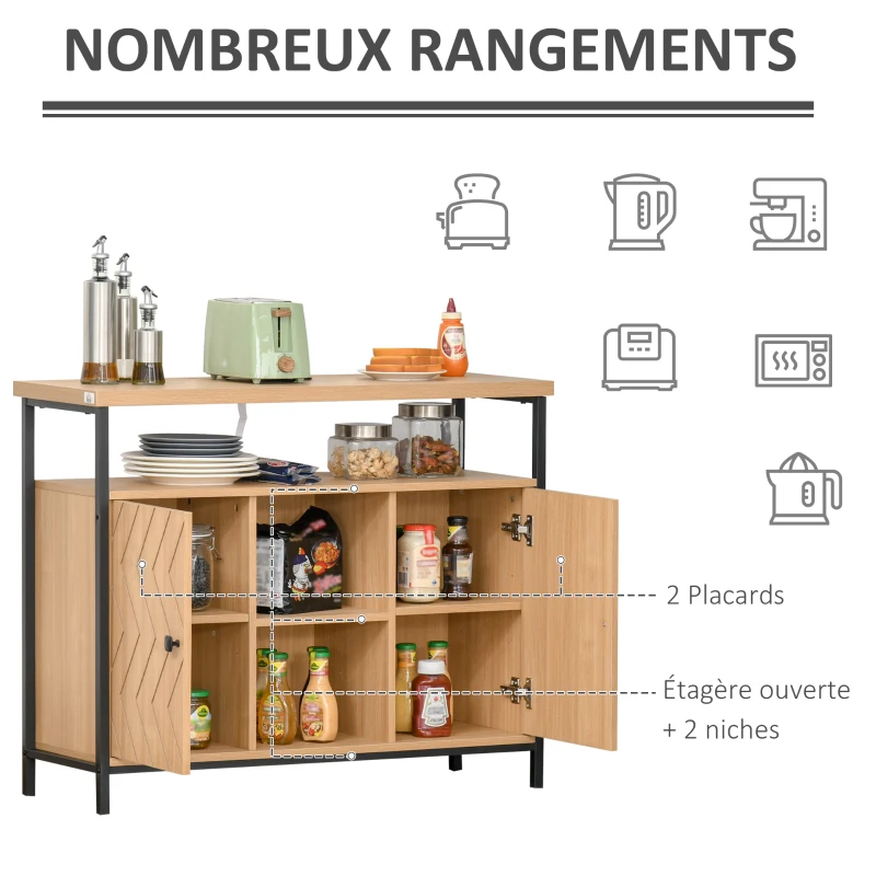 HOMCOM Meuble de rangement buffet style graphique 2 placards porte avec étagère 2 niches étagère grand plateau métal noir MDF aspect chêne clair