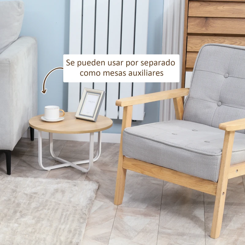 HOMCOM Juego de 2 Mesas de Centro Ø65x32 cm y Ø45x26 cm con Encimera de Madera y Patas de Metal Natural y Blanco