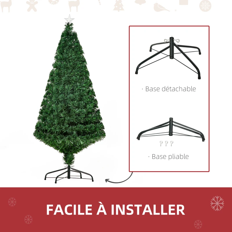 HOMCOM Sapin de Noël Artificiel Lumineux 150H cm Fibre Optique Multicolore + Support Pied 180 Branches étoile Sommet Brillante Vert