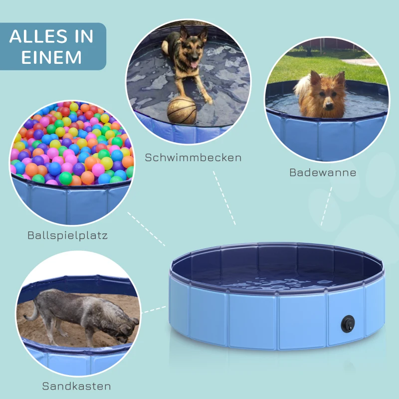 PawHut Hundebadewanne faltbar Badewanne Hundepool Plantschbecken Swimmingpool Wasserbecken für Hunde und Katzen Schwimmbecken Kunststoff+Holz Blau Ø80 x H20 cm