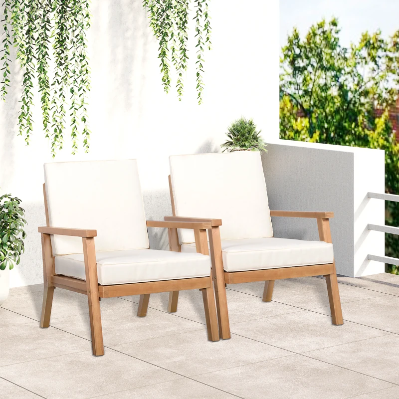Outsunny 2er-Set Gartenstühle mit Kissen Gartensessel Set Gartenstuhl aus Pappelholz Gartenmöbel Holzstuhl Balkonstuhl Terrassenstuhl Braun+Beige 66 x 77,5 x 74,5 cm