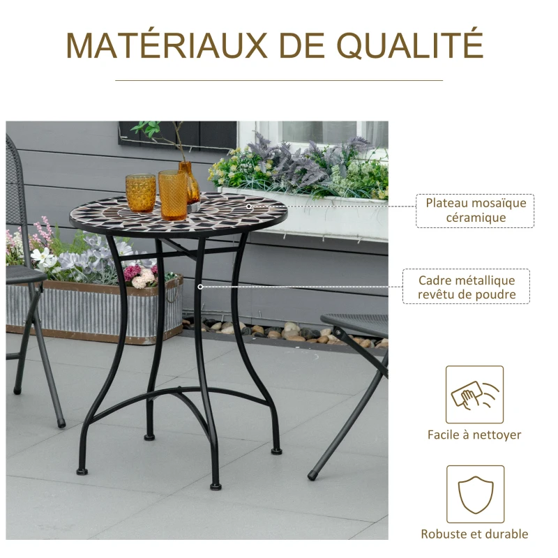 Outsunny Table bistro ronde de jardin plateau mosaïque métal époxy anticorrosion céramique Ø 60 x 71H cm noir