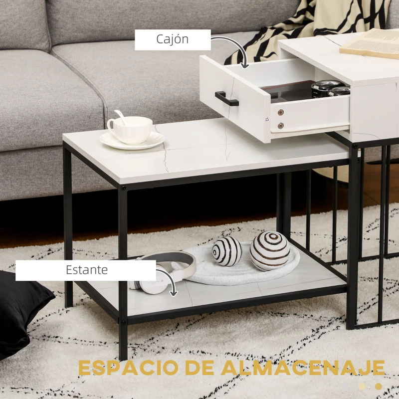 HOMCOM Juego de 2 Mesas de Centro Modernas con Encimera de Mármol Estante y Cajón para Salón 45x42x63,5 cm y 40x60x45 cm Blanco