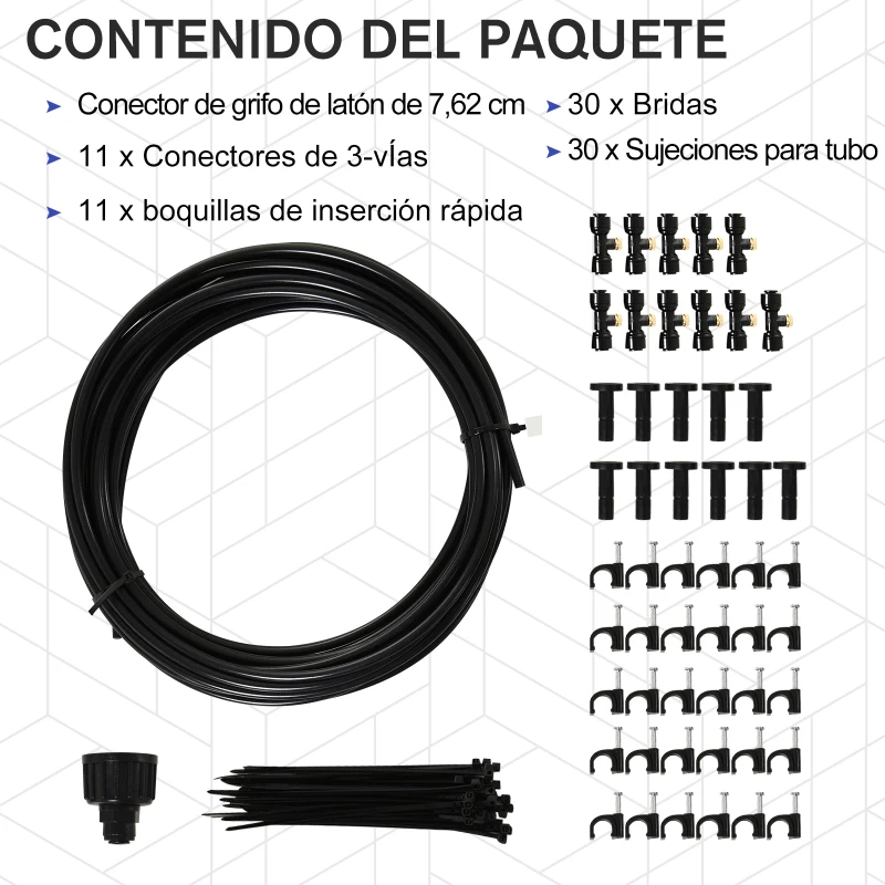 Outsunny Rociador de Agua para Jardines Kit Difusor Sistema de Enfriamiento por Nebulización Diferentes Boquillas Grifo de Latón para Patio al Aire Libre Negro 6m