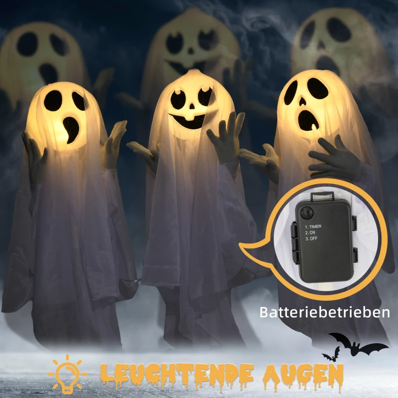 HOMCOM Halloweendekoration, 3 leuchtende Geister, Bewegungssensor, 54 x 10 x 60 cm, Weiß(m-5)