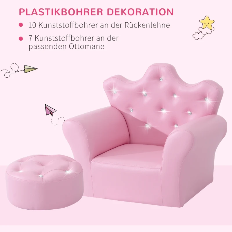 HOMCOM Kindersofa mit Ottomane, Kindercouch Prinzessinnen Kindercouch Mini Couch für Kuschelecke, Kinderzimmer, Spielzimmer, Schlafzimmer, Rosa