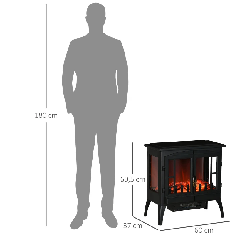 HOMCOM Chimenea Decorativa 1000 W/2000 W con Ventanas LED Llamas y Protección Sobrecalentamiento para 15-20 ㎡ Negro