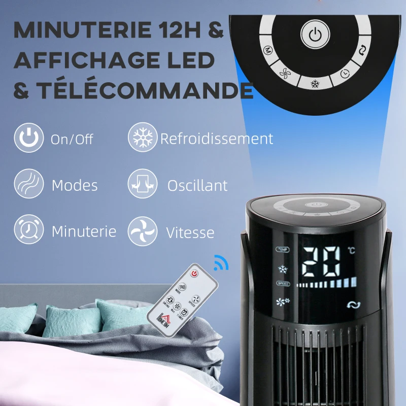 HOMCOM Climatiseur rafraîchisseur d'air et ventilateur colonne 4 modes 3 vitesses, télécommande, minuterie, oscillant , noir