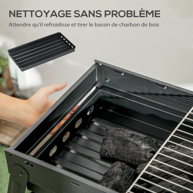 Outsunny Barbecue au charbon de bois pliable portable BBQ grill sur pieds avec bassin à charbon extractible 74L x 30l x 37H cm