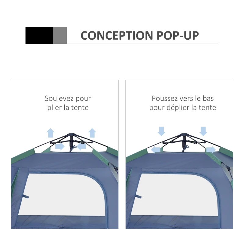 Outsunny Tente pop up tente de camping familiale 3 pers. tente dôme étanche légère ventilée facile à monter grande porte + 4 fenêtres dim. 2,5L x 1,94l x 1,6H m fibre verre polyester oxford bleu vert