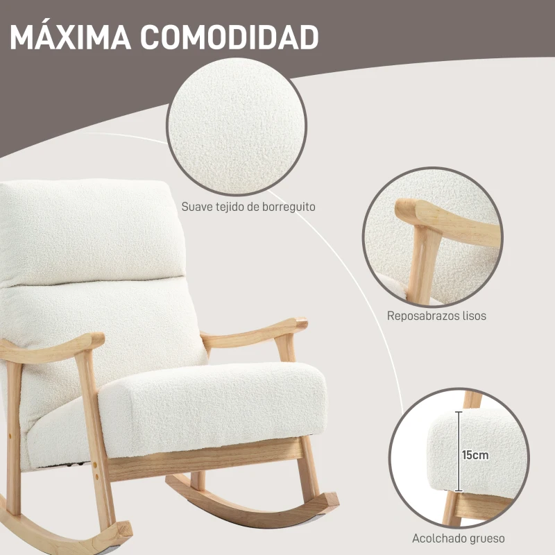 HOMCOM Silla Mecedora de Borreguito con Patas y Reposabrazos de Madera de Haya Mecedora para Lactancia Carga 120 kg Crema(m-6)