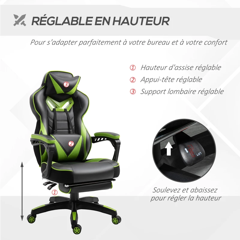 Vinsetto Chaise gaming Ergonomique, Fauteuil de Bureau confortable avec Repose-Pied, Appuie-Tête et coussin lombaire, Hauteur Réglable, noir et vert