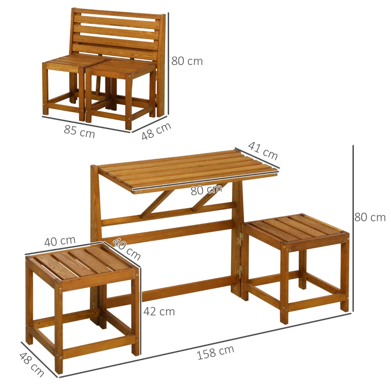 Outsunny Set da Giardino 2 in 1, Tavolo e Sedie da Giardino o Panca da Giardino per 2 Persone color Teak
