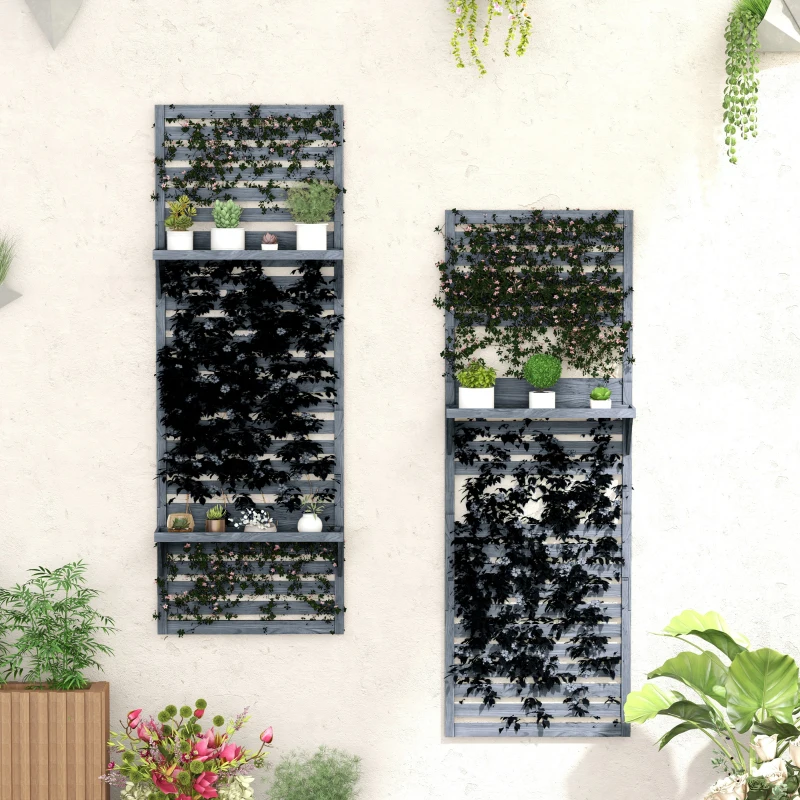 Outsunny Wall Mounted Plant Stands Set of 2, Fir Wood Flower Stand with Shelves and Slatted Trellis for Patio, Balcony, Porch