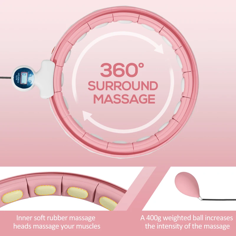 SPORTNOW Smart Weighted Hula Hoop, Massage Hula Ring w/ 16 Detachable Knots, 360° Auto-Rotating Ball, Digital Counter, Pink