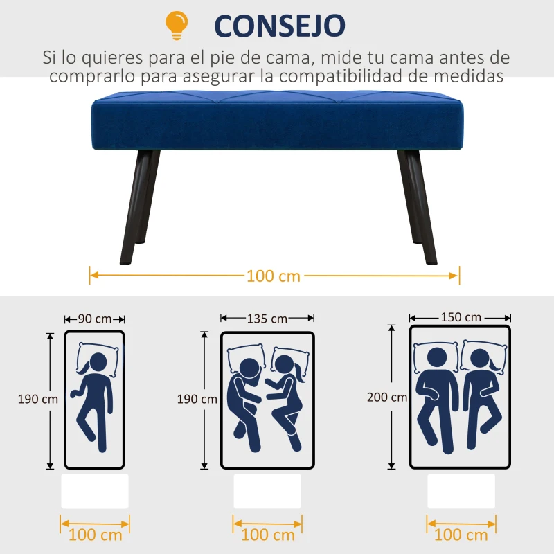 HOMCOM Taburete Pie de Cama Multifuncional con Pies de Acero y Asiento Acolchado para Entrada Pasillo 100x36x45 cm Azul Oscuro