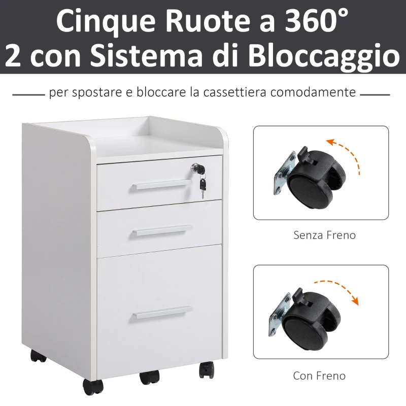 HOMCOM Schedario da Ufficio con 3 Cassetti, 5 Ruote, Cassettiera Ufficio con Serratura e 2 Chiavi per Lettera/Legale/Formato A4, Armadietto Verticale per Studio, 39.2x40x65.4 cm, Bianco