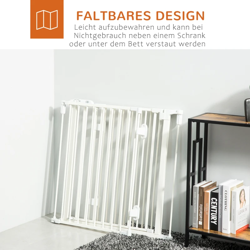 PawHut Hunde Absperrgitter Türschutzgitter Haustierschutzgitter verstellbar klappbar Kamingitter mit automatische schließenden Tür 3 Paneele für Ofen Wandmontage/Freistehend Weiß 202,5 x 76 cm