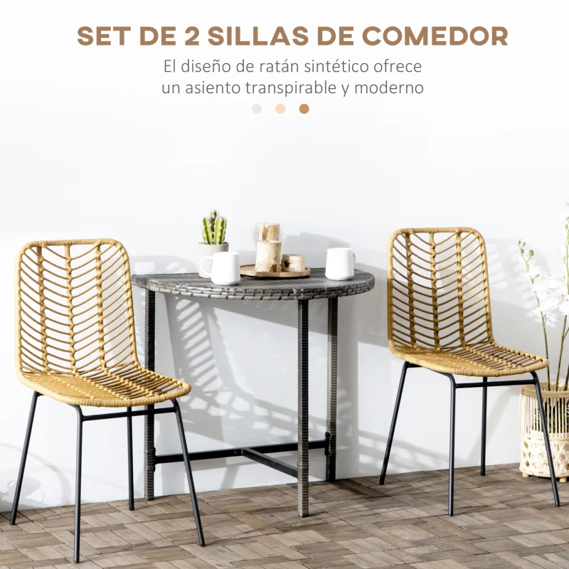 HOMCOM Pack de 2 Sillas de Comedor de Ratán Sintético Sillas de Cocina de Mimbre con Patas de Acero 44x58x85 cm Natural