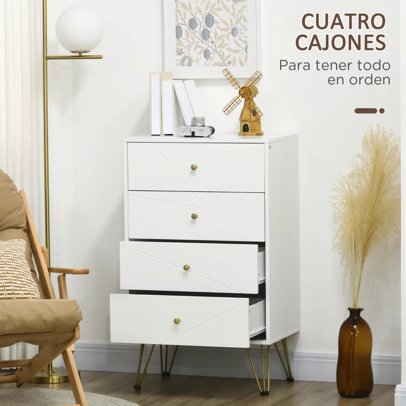 HOMCOM Cómoda de Madera con 4 Cajones y Patas Metálicas Mueble Cajonera para Salón Oficina 60x40x100 cm Blanco