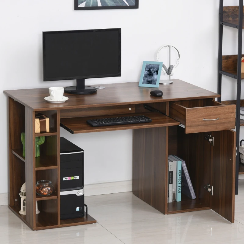 HOMCOM Mesa Escritorio para PC Mesa de Ordenador con Estantes abiertos y baldas Ajustables Armario Soporte para CPU y Bandeja Extraíble 120x60x74 cm Madera Natural