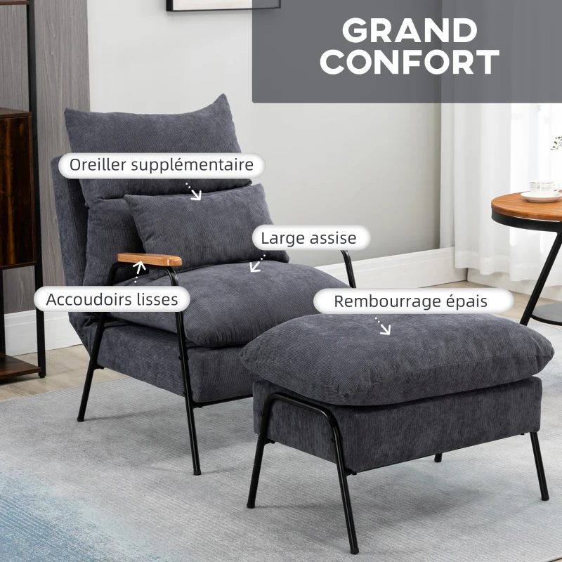 HOMCOM Fauteuil lounge style néo-rétro avec repose-pied - dossier inclinable - accoudoirs bois hévéa revêtement velours