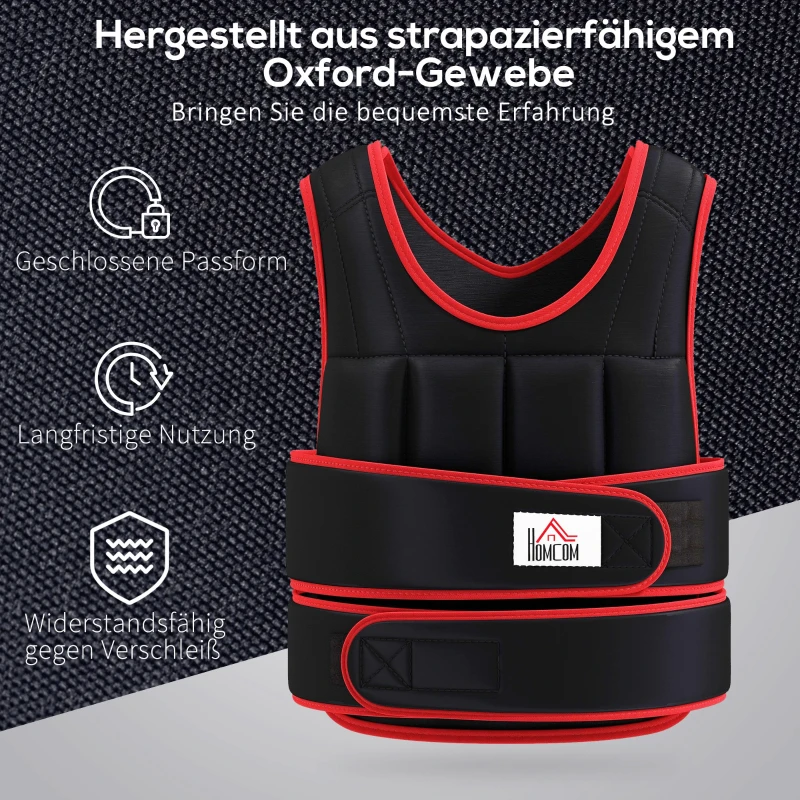 HOMCOM 20 kg Trainingsweste Gewichtsweste mit doppelten Gurten verstellbar Krafttraining Fitness Oxford Metall-Sand Schwarz+Rot 60 x 50 cm