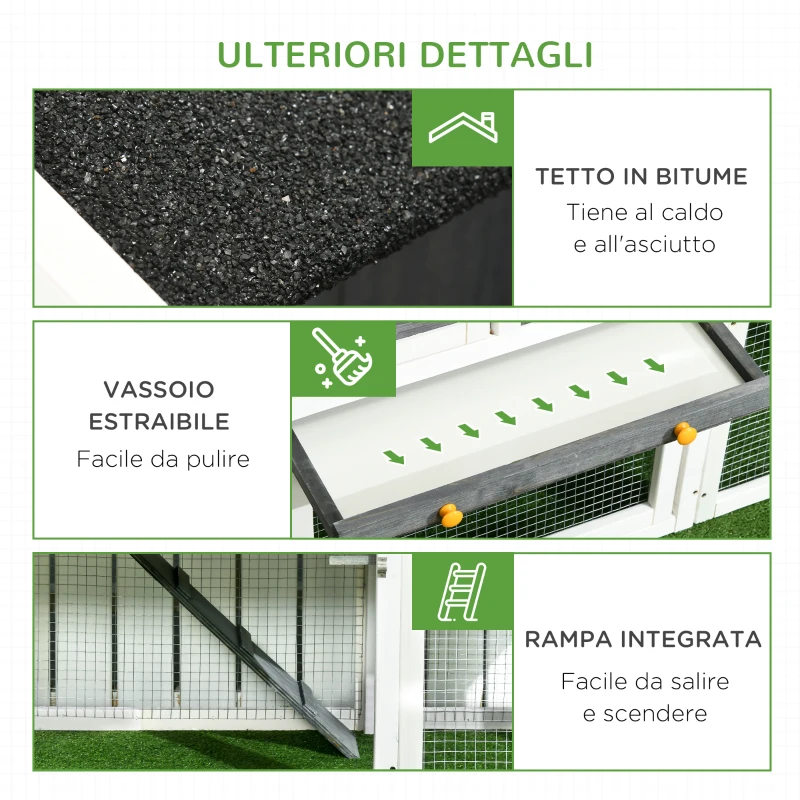 PawHut Pollaio Prefabbricato in Legno con Area Aperta, Casetta e Nido, 161.5x62.5x115cm, Grigio