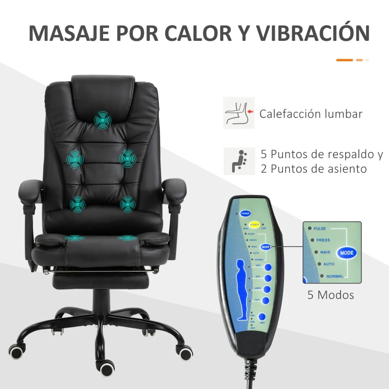 Vinsetto Silla de Oficina con 7 Puntos de Masaje con Reposapiés Retráctil Altura Ajustable Control Remoto y Tejido de PU Negro(m-4)
