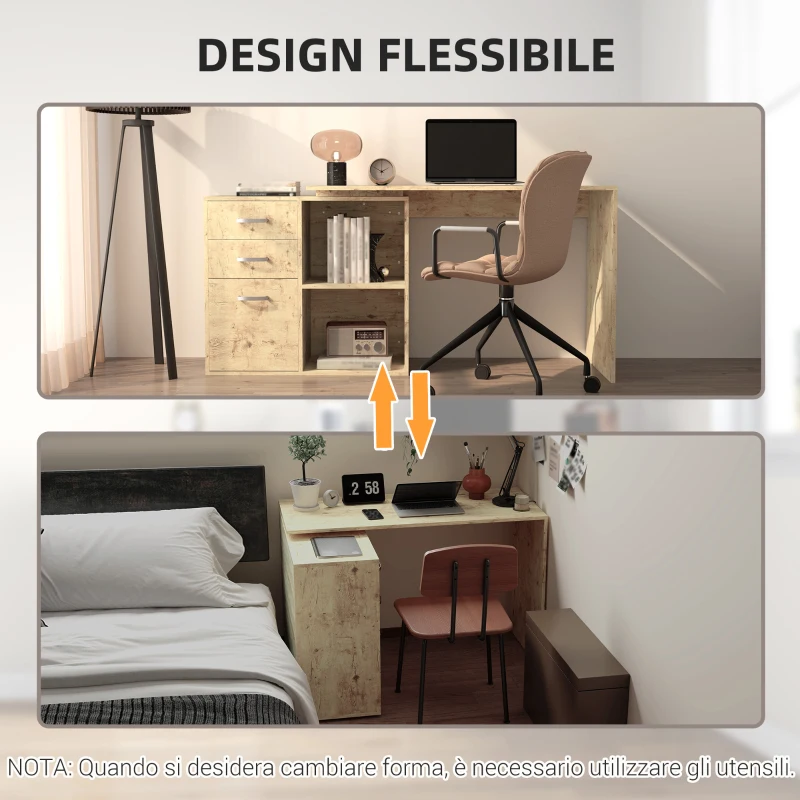 HOMCOM Scrivania Angolare per PC con 3 Cassetti e Ripiani Aperti, in Legno e Metallo, 117x83.5x76 cm, Noce