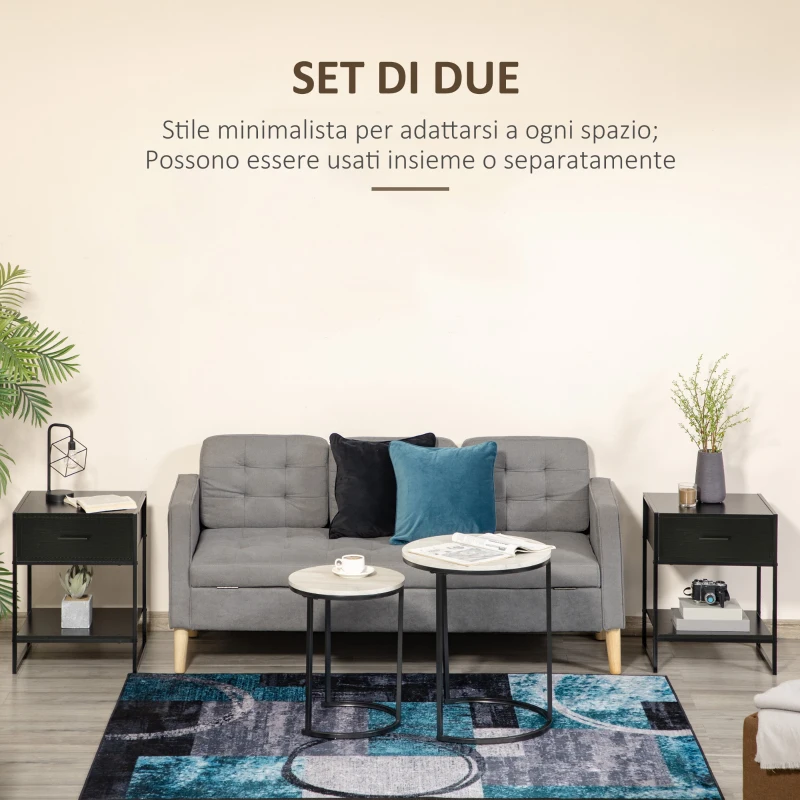 HOMCOM Set 2 Comodini Moderni, 2 Comodini da Camera da Letto e Soggiorno, con Cassetto e Ripiano Aperto, Design Moderno, in MDF e Acciaio, 45x40x60cm, Nero