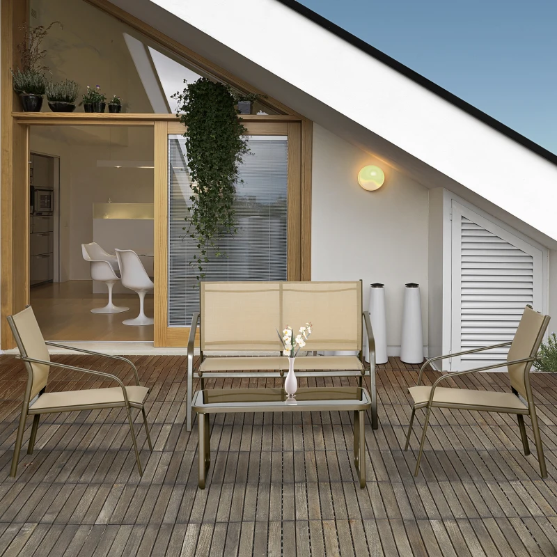 Outsunny Set da Giardino 4 Pezzi con 2 Sedie, 1 Divanetto e 1 Tavolino da Caffè, Kaki