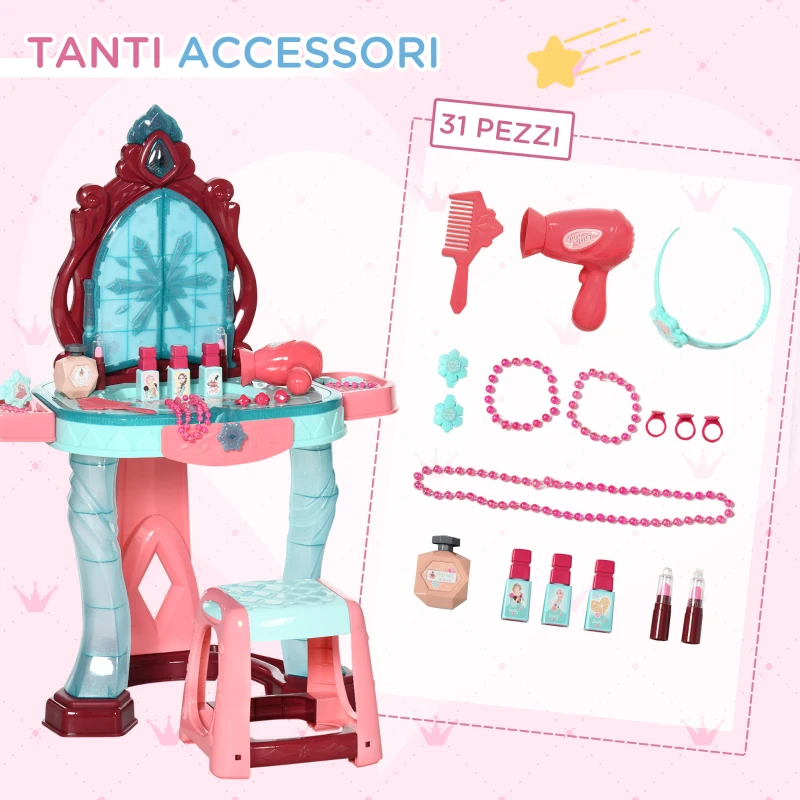 AIYAPLAY Set Toeletta con Sgabello per Bambini da 3-6 Anni, Luci, Musica e Accessori Inclusi