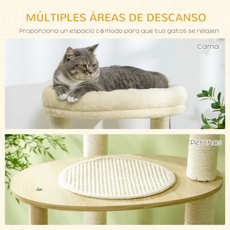 PawHut Árbol Rascador para Gatos de Madera con Múltiples Plataformas Cama Desmontable y Cojines Ø54x123,5 cm Roble
