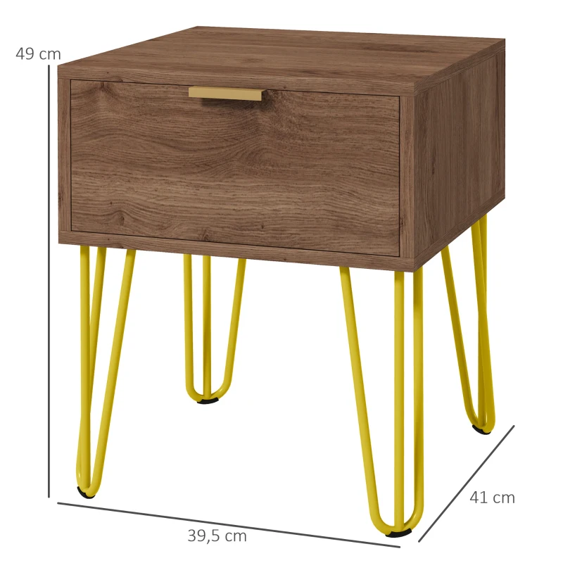 HOMCOM Table de chevet table de nuit avec tiroir table d'appoint en bois - pieds en épingle acier doré 39,5L x 41l x 49H cm
