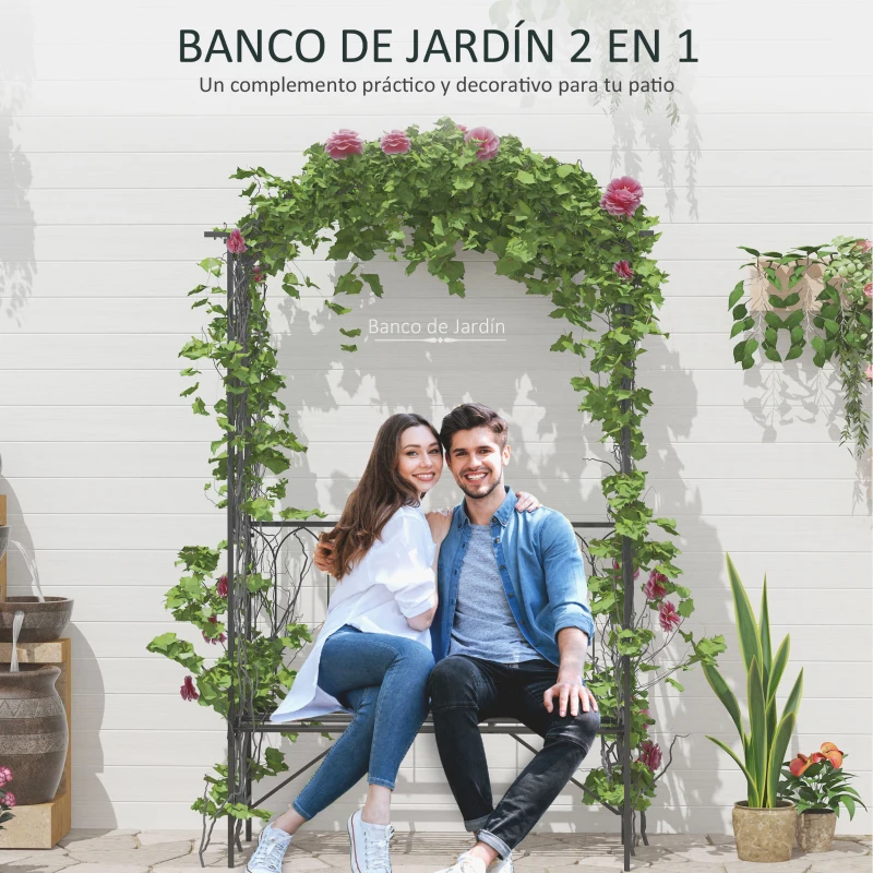 Outsunny Arco de Jardín con Banco Metálico Soporte para Plantas Trepadoras y Rosales para Terraza Patio 115x59x203 cm Negro